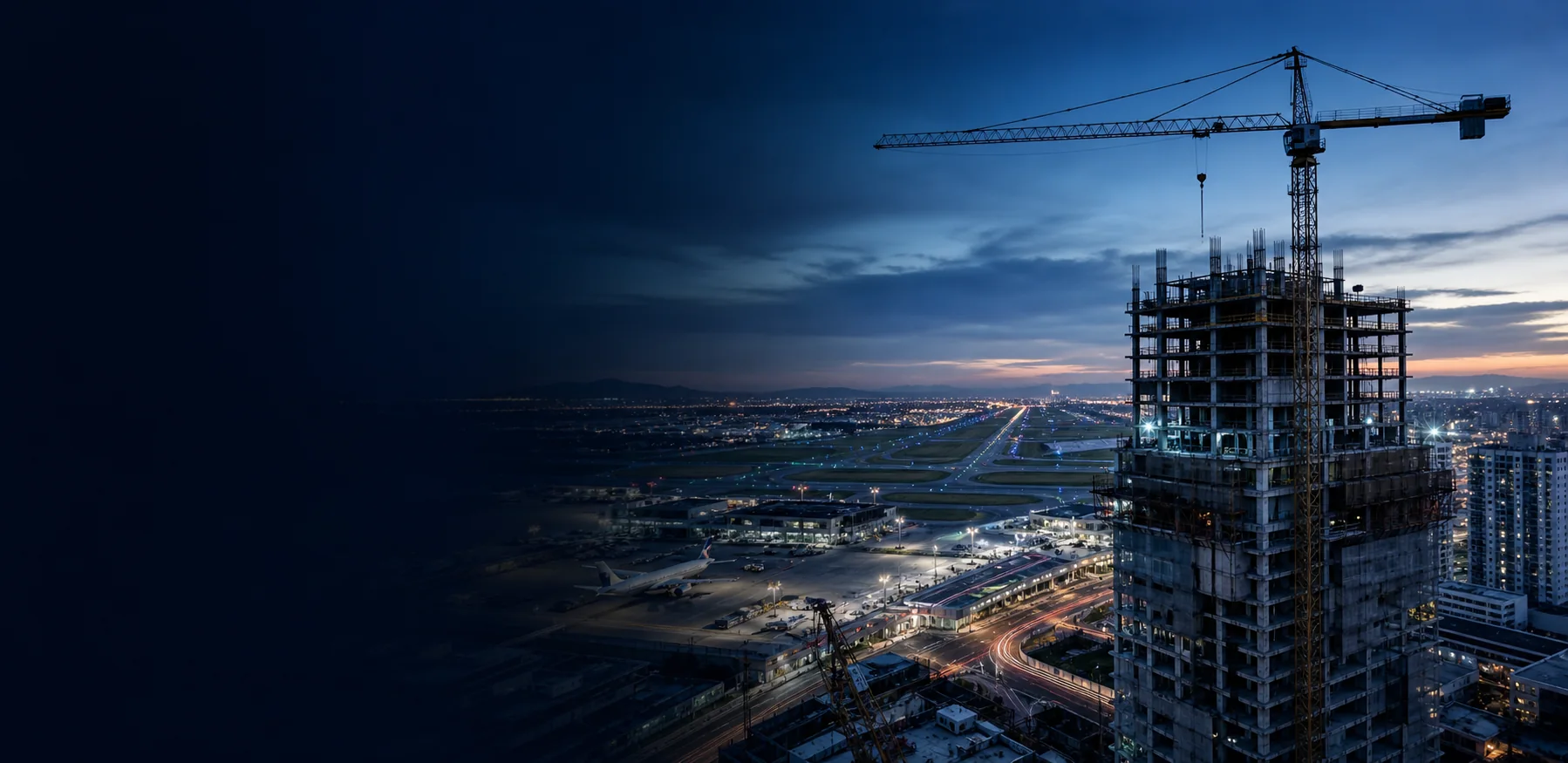 Obra urbana próxima a aeroporto com leitura técnica de altura.